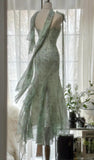 Ndyad Green Mermaid Formal Dresses Beaded Chiffon Open Back Long Prom Dresses Spaghetti Straps Guest Dresses HZ1024