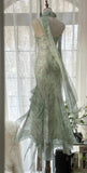 Ndyad Green Mermaid Formal Dresses Beaded Chiffon Open Back Long Prom Dresses Spaghetti Straps Guest Dresses HZ1024