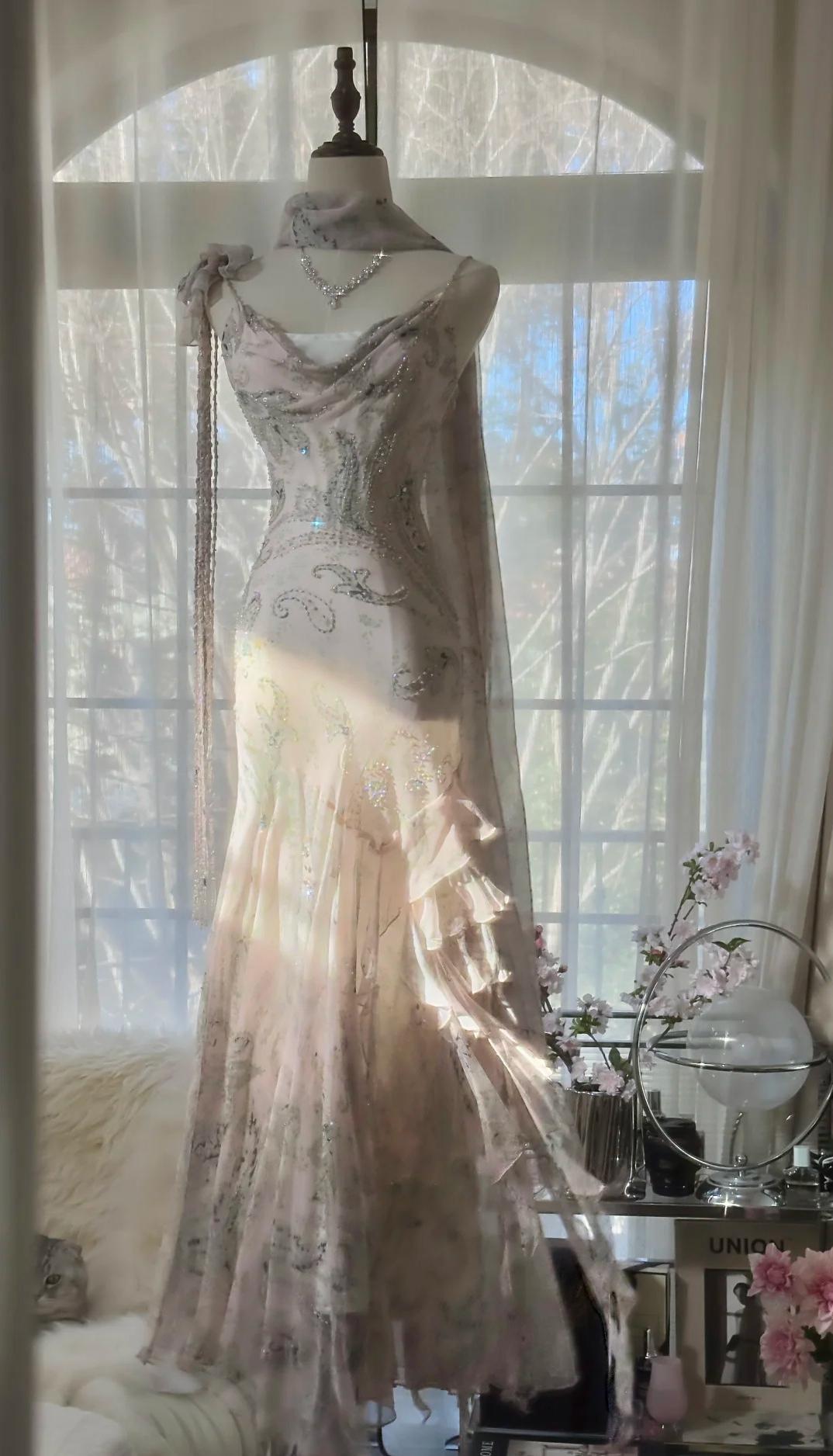 Ndyad Fairytale Pink Spaghetti Straps Mermaid Evening Gowns Vintage Elegant Beaded Silk Long Prom Dress Guest Dresses HZ1024