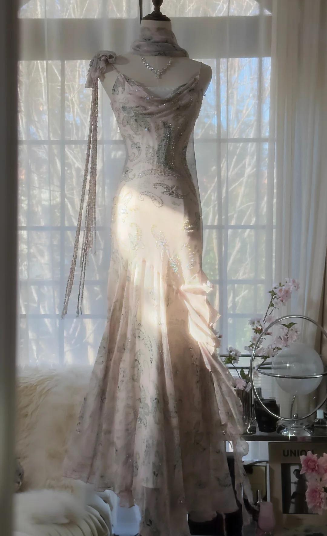 Ndyad Fairytale Pink Spaghetti Straps Mermaid Evening Gowns Vintage Elegant Beaded Silk Long Prom Dress Guest Dresses HZ1024