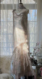 Ndyad Fairytale Pink Spaghetti Straps Mermaid Evening Gowns Vintage Elegant Beaded Silk Long Prom Dress Guest Dresses HZ1024