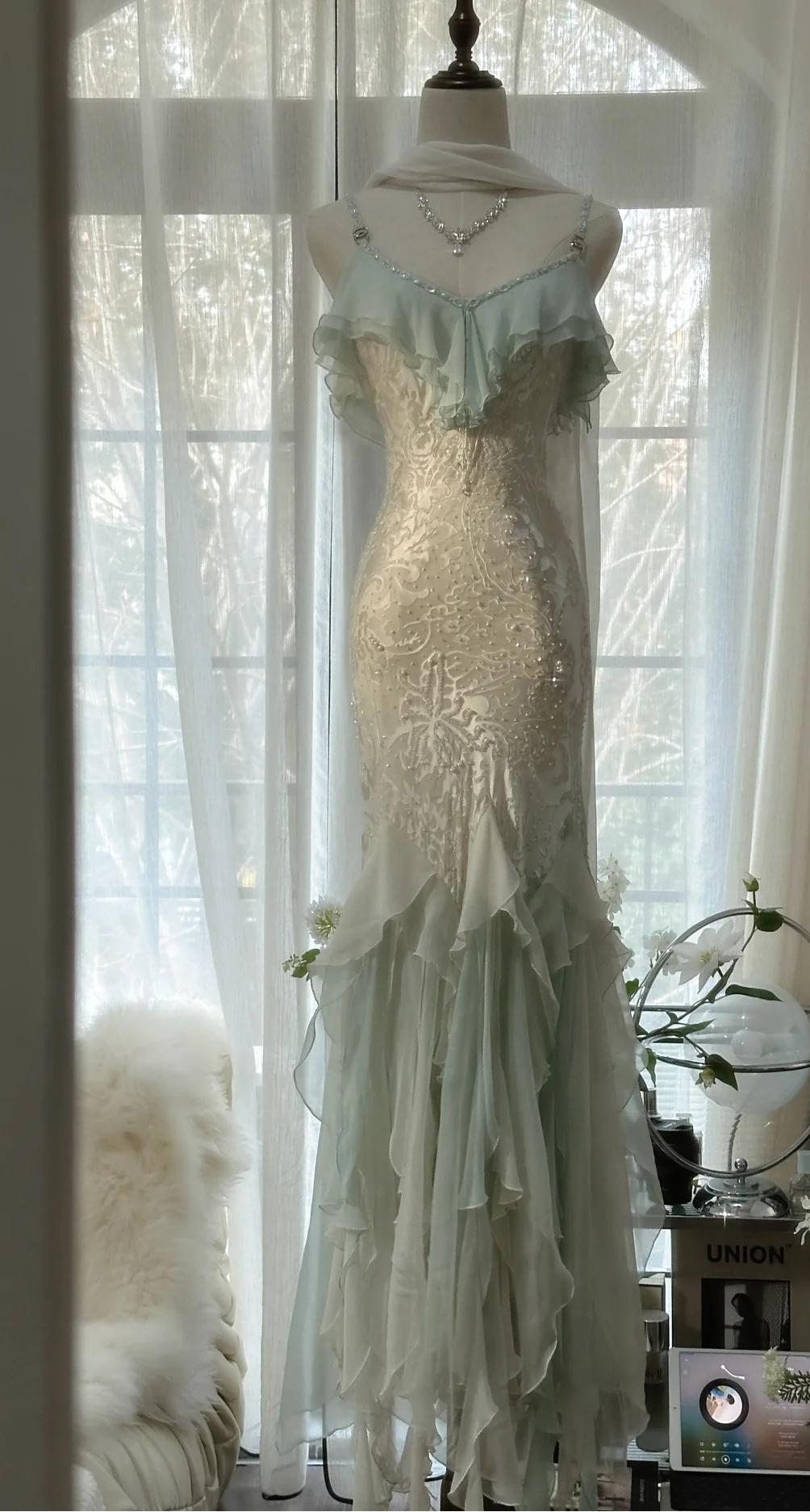 Ndyad Vintage Mint Green Chiffon Mermaid Beaded Long Prom Dresses Ruffled Fairytale Birthday Dresses HZ1024