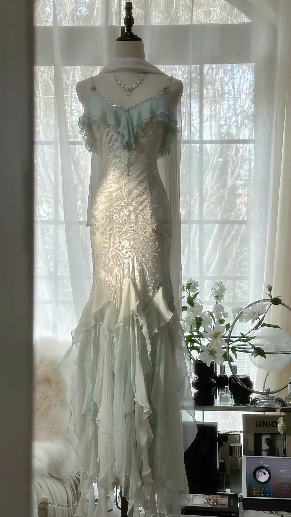 Ndyad Vintage Mint Green Chiffon Mermaid Beaded Long Prom Dresses Ruffled Fairytale Birthday Dresses HZ1024