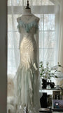 Ndyad Vintage Mint Green Chiffon Mermaid Beaded Long Prom Dresses Ruffled Fairytale Birthday Dresses HZ1024