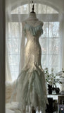 Ndyad Vintage Mint Green Chiffon Mermaid Beaded Long Prom Dresses Ruffled Fairytale Birthday Dresses HZ1024