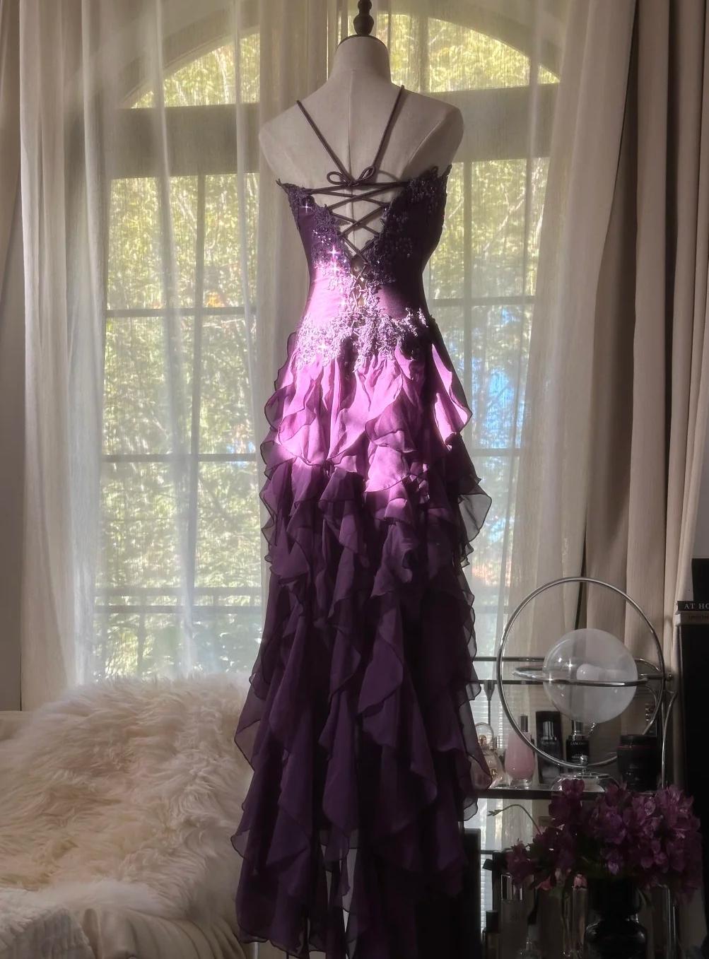 Ndyad ??Elegant Strapless Chiffon Applique Long Tiered Prom Dresses Backless Party Dresses HZ1024