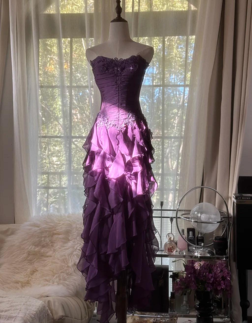 Ndyad ??Elegant Strapless Chiffon Applique Long Tiered Prom Dresses Backless Party Dresses HZ1024