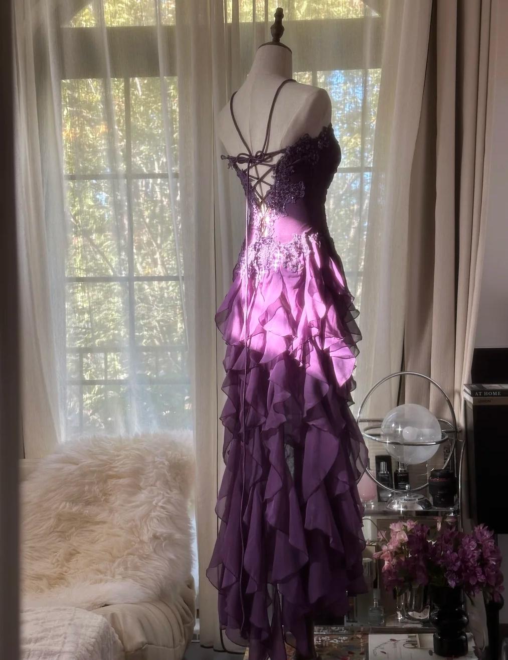 Ndyad ??Elegant Strapless Chiffon Applique Long Tiered Prom Dresses Backless Party Dresses HZ1024