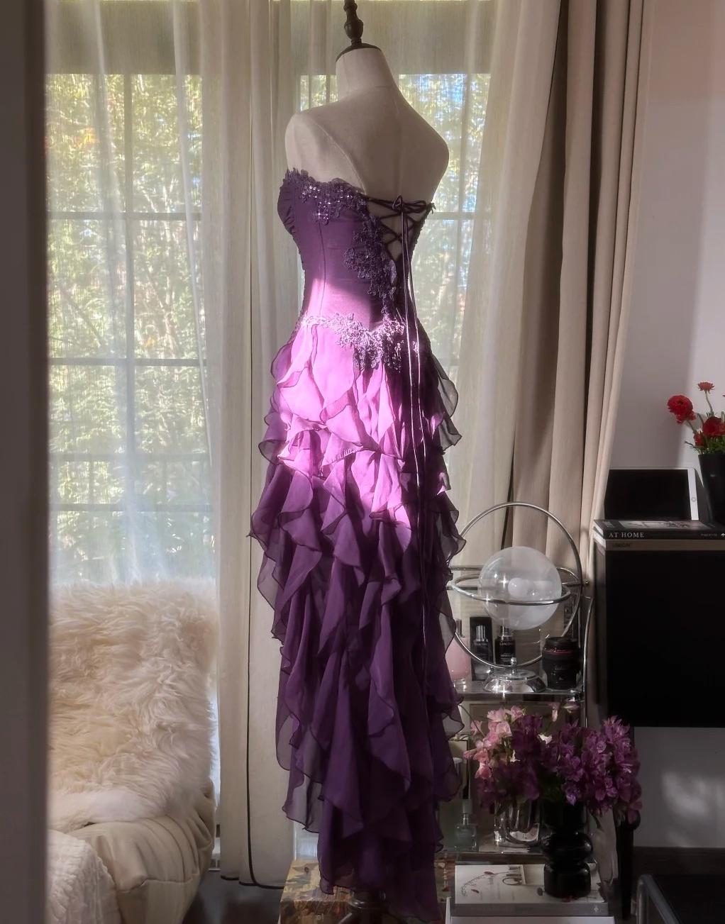 Ndyad ??Elegant Strapless Chiffon Applique Long Tiered Prom Dresses Backless Party Dresses HZ1024