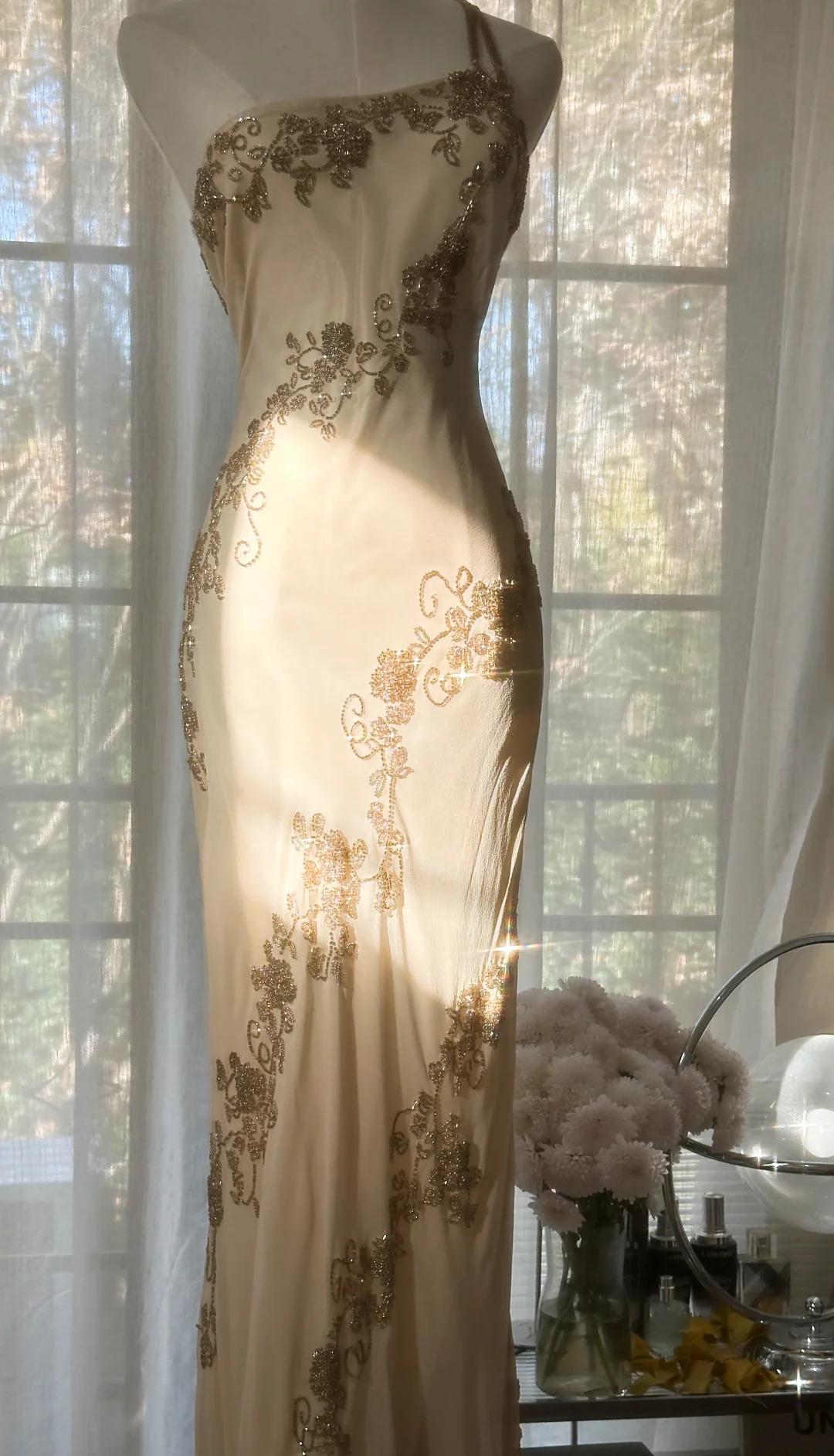 Ndyad Retro Chiffon Sheath Party Dress One Shoulder Beaded Long Prom Dress HZ1024