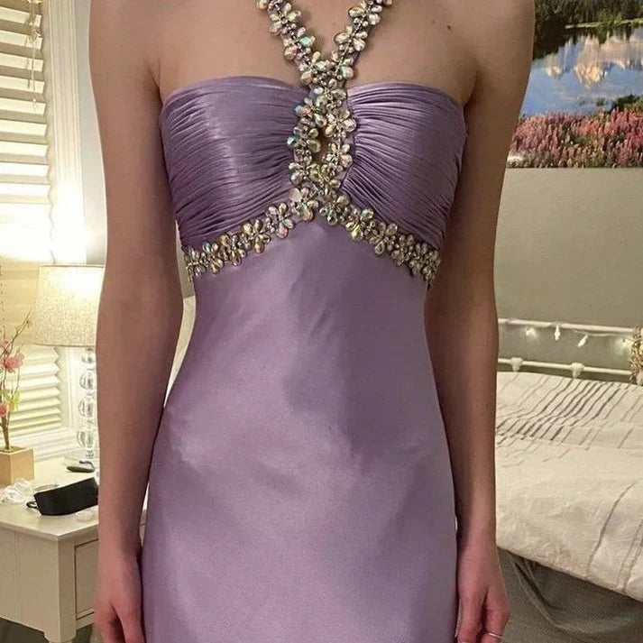 Ndyad Purple ??Satin Beaded Backless Long Prom Dress for Party&Birthday,Elegant Wedding Guest Outfits HZ1024