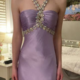 Ndyad Purple ??Satin Beaded Backless Long Prom Dress for Party&Birthday,Elegant Wedding Guest Outfits HZ1024