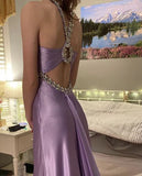 Ndyad Purple ??Satin Beaded Backless Long Prom Dress for Party&Birthday,Elegant Wedding Guest Outfits HZ1024