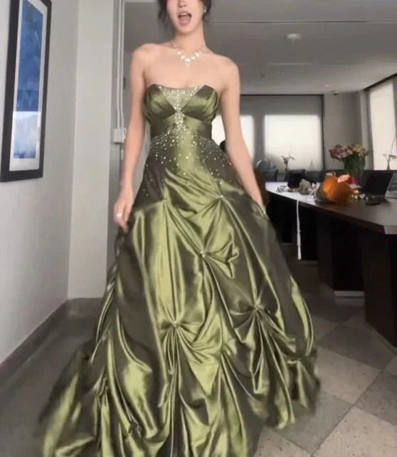 Ndyad Forest Green A-Line Long Prom Dresses With Silver Beads Sweet Strapless Satin Evening Dresses HZ1024