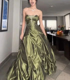 Ndyad Forest Green A-Line Long Prom Dresses With Silver Beads Sweet Strapless Satin Evening Dresses HZ1024