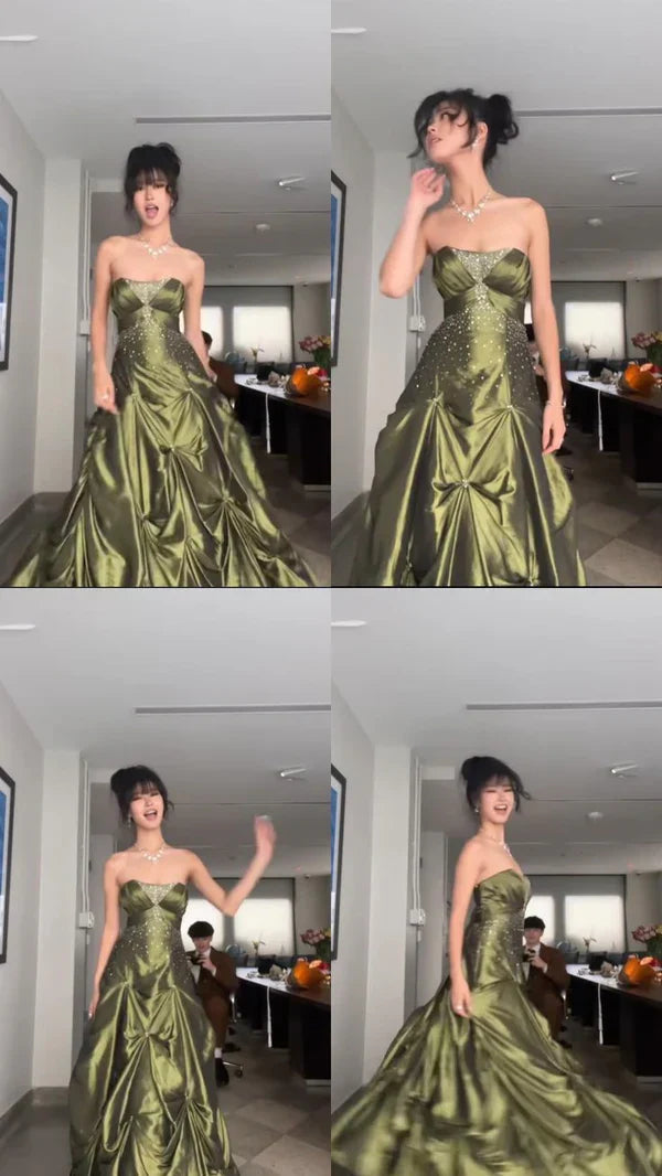 Ndyad Forest Green A-Line Long Prom Dresses With Silver Beads Sweet Strapless Satin Evening Dresses HZ1024