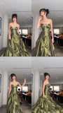 Ndyad Forest Green A-Line Long Prom Dresses With Silver Beads Sweet Strapless Satin Evening Dresses HZ1024