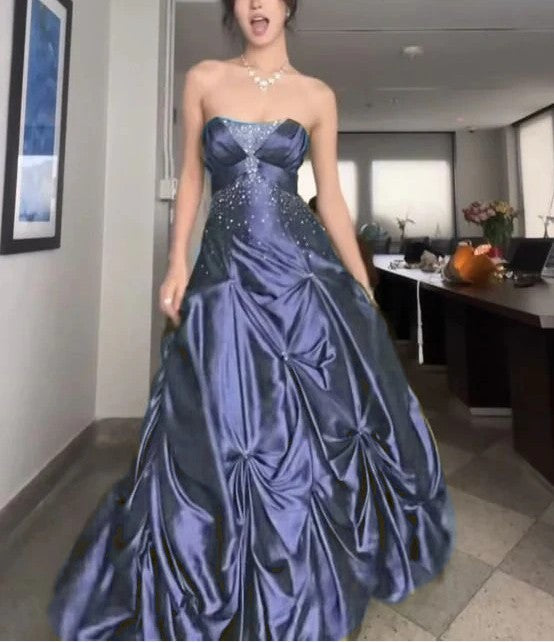 Ndyad Forest Green A-Line Long Prom Dresses With Silver Beads Sweet Strapless Satin Evening Dresses HZ1024