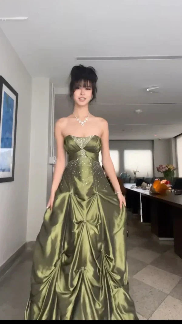 Ndyad Forest Green A-Line Long Prom Dresses With Silver Beads Sweet Strapless Satin Evening Dresses HZ1024