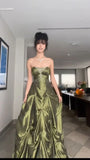 Ndyad Forest Green A-Line Long Prom Dresses With Silver Beads Sweet Strapless Satin Evening Dresses HZ1024