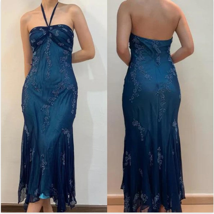 Ndyad Blue Chiffon Long Prom Dresses Elegant Beaded Party Dresses HZ1024