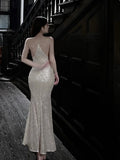 Ndyad Mermaid Spaghetti Strap Sequin Prom Dress Shimmer Evening Gown HZ1024