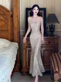 Ndyad Mermaid Spaghetti Strap Sequin Prom Dress Shimmer Evening Gown HZ1024