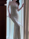 Ndyad Mermaid Spaghetti Strap Sequin Prom Dress Shimmer Evening Gown HZ1024