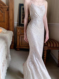 Ndyad Mermaid Spaghetti Strap Sequin Prom Dress Shimmer Evening Gown HZ1024