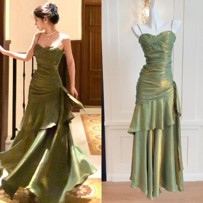 Ndyad Spaghetti Straps Blue Chiffon Satin Ruffles Long Prom Dresses Fairytale Evening Dresses HZ1024