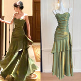 Ndyad Spaghetti Straps Blue Chiffon Satin Ruffles Long Prom Dresses Fairytale Evening Dresses HZ1024