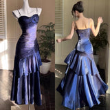 Ndyad Spaghetti Straps Blue Chiffon Satin Ruffles Long Prom Dresses Fairytale Evening Dresses HZ1024