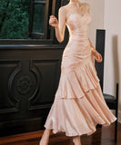 Ndyad Spaghetti Straps Blue Chiffon Satin Ruffles Long Prom Dresses Fairytale Evening Dresses HZ1024