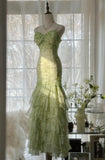Ndyad Green Mermaid Vintage Party Dresses Sweetheart Chiffon Beaded Layed Prom Dresses HZ1024
