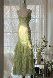 Ndyad Green Mermaid Vintage Party Dresses Sweetheart Chiffon Beaded Layed Prom Dresses HZ1024