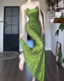 Ndyad Green Sheath Spaghetti Strap Sequined Prom Dress Birthday Dress HZ1024