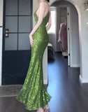 Ndyad Green Sheath Spaghetti Strap Sequined Prom Dress Birthday Dress HZ1024