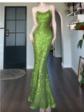 Ndyad Green Sheath Spaghetti Strap Sequined Prom Dress Birthday Dress HZ1024