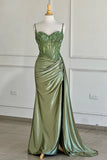 Ndyad Green Spaghetti Straps Sequins Mermaid Appliqued Prom Dress With Split HZ1024