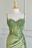 Ndyad Green Spaghetti Straps Sequins Mermaid Appliqued Prom Dress With Split HZ1024