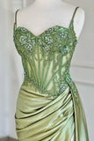Ndyad Green Spaghetti Straps Sequins Mermaid Appliqued Prom Dress With Split HZ1024