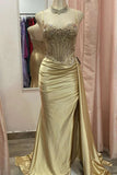 Ndyad Green Spaghetti Straps Sequins Mermaid Appliqued Prom Dress With Split HZ1024