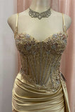 Ndyad Green Spaghetti Straps Sequins Mermaid Appliqued Prom Dress With Split HZ1024