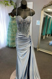 Ndyad Green Spaghetti Straps Sequins Mermaid Appliqued Prom Dress With Split HZ1024