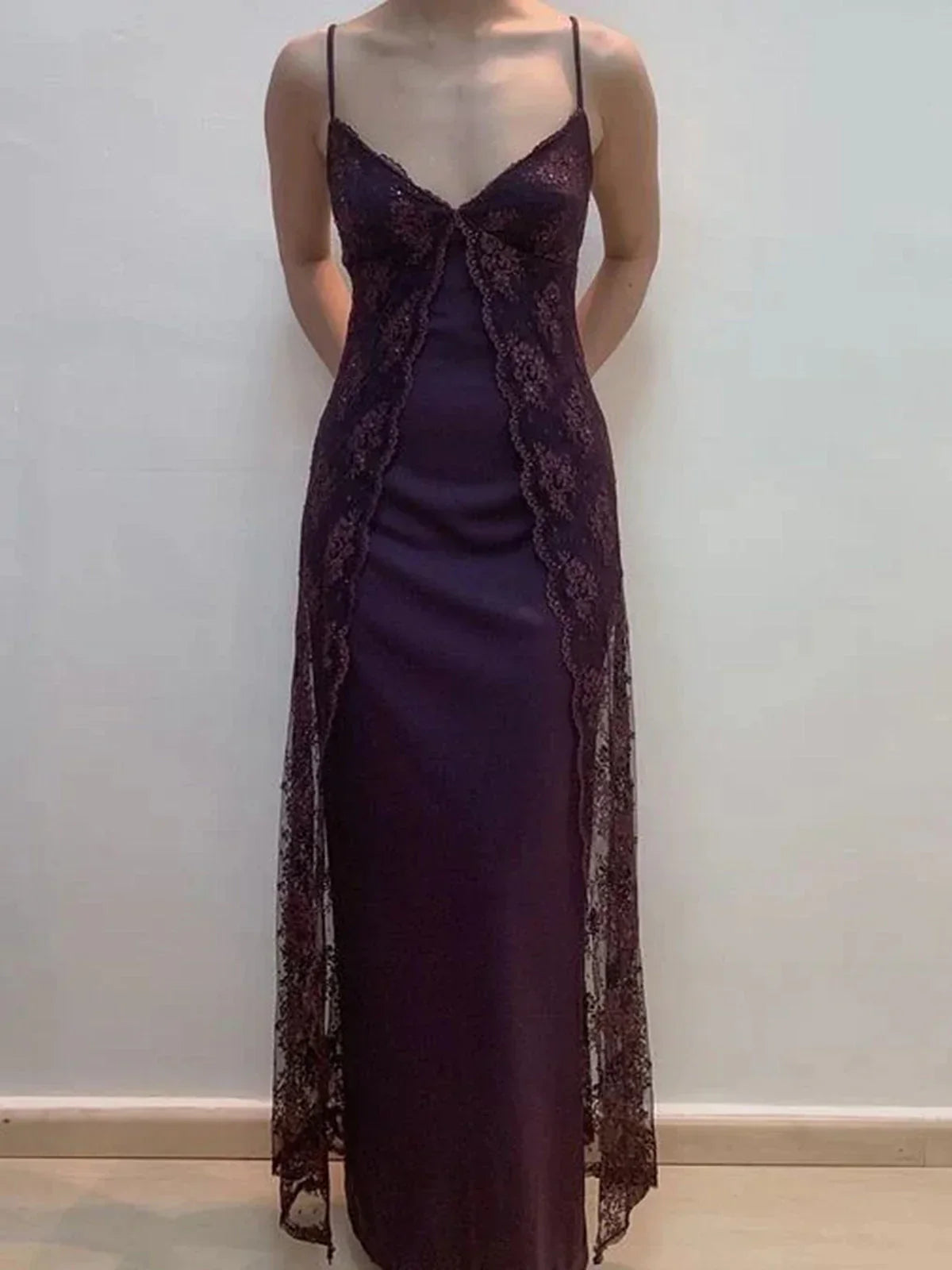 Ndyad Y2K Grape Sheath Party Dress 90s Spaghetti Straps Lace Evening Dress HZ1024