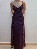 Ndyad Y2K Grape Sheath Party Dress 90s Spaghetti Straps Lace Evening Dress HZ1024