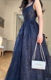 Ndyad Navy Blue A-Line Spaghetti Straps Tulle Embroidery Applique Long Prom Dress Evening Dress HZ1024