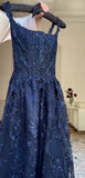 Ndyad Navy Blue A-Line Spaghetti Straps Tulle Embroidery Applique Long Prom Dress Evening Dress HZ1024