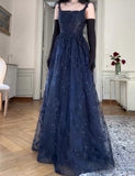 Ndyad Navy Blue A-Line Spaghetti Straps Tulle Embroidery Applique Long Prom Dress Evening Dress HZ1024