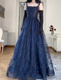 Ndyad Navy Blue A-Line Spaghetti Straps Tulle Embroidery Applique Long Prom Dress Evening Dress HZ1024